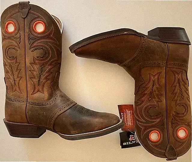 Justin SV2534 Silver Cowboy Boots Brown Leather Square Toe 11EE Wide NEW