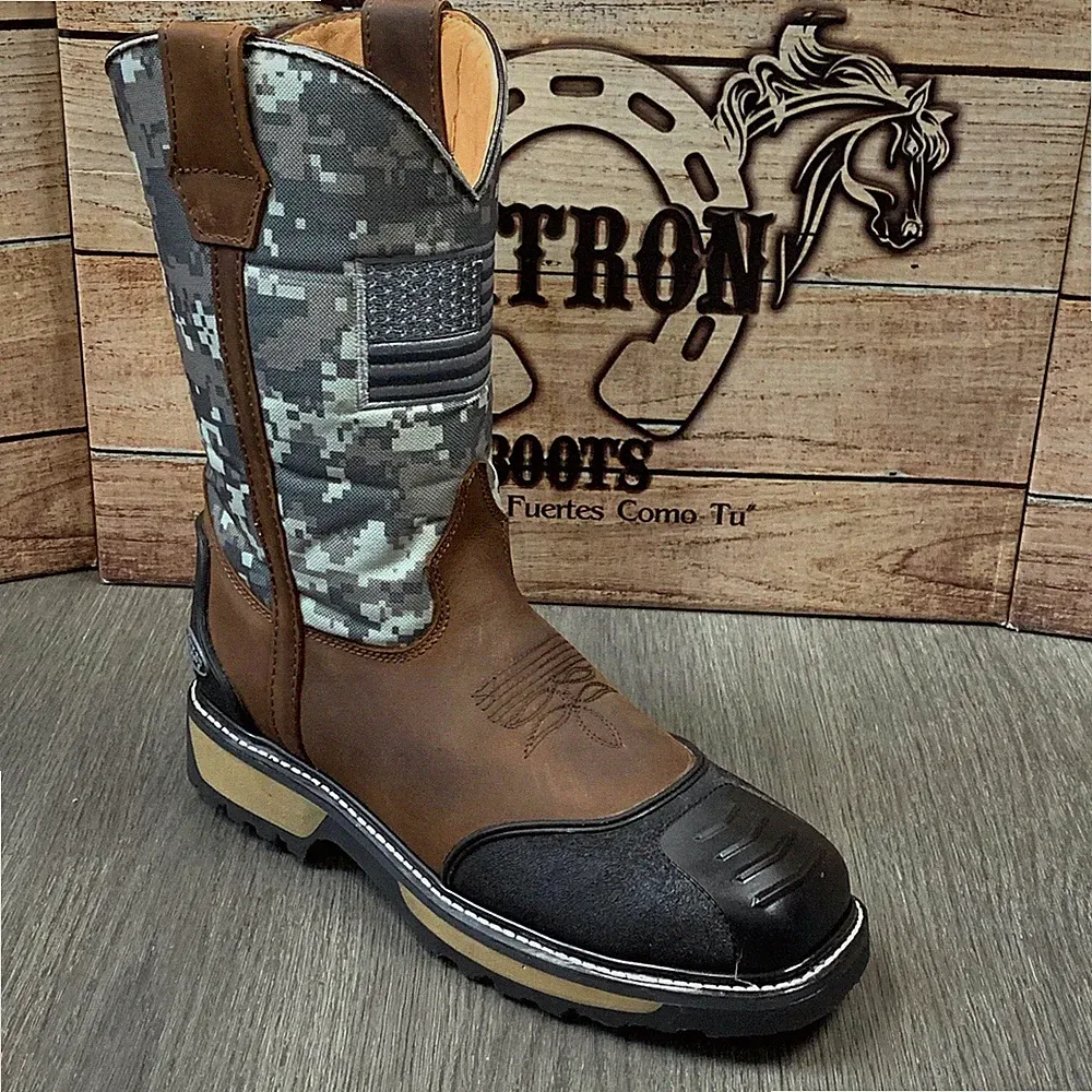 MEN'S STEEL TOE WORK BOOTS AMERICAN FLAG STYLE SOFT LEATHER INSIDE SHAFT SAFETY